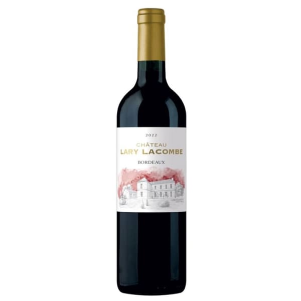 Bottle of red wine with a labeled paper neck and front label