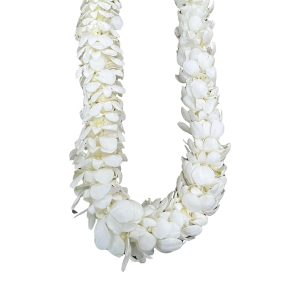 White flower lei made of clustered blossoms