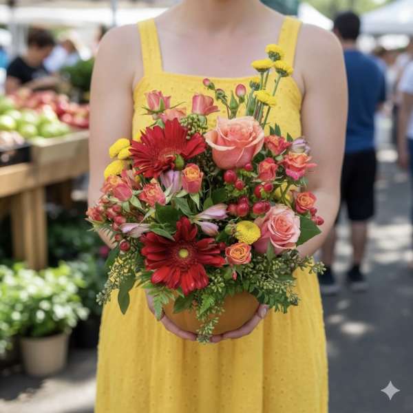 Woman holding a colorful mixed bouquet in a round container