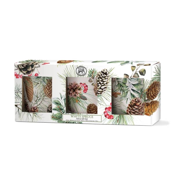 Boxed white spruce votive gift set with pinecone and berry artwork