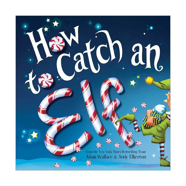 Book cover with candy cane letters and a small elf illustration