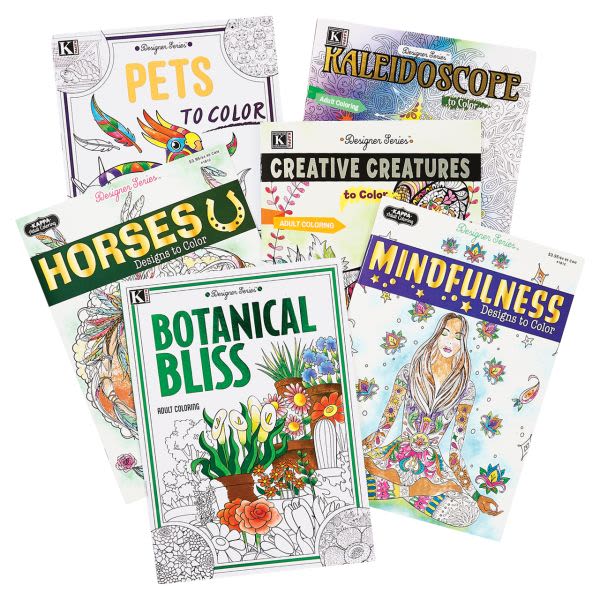 Stack of adult coloring books with floral and animal covers