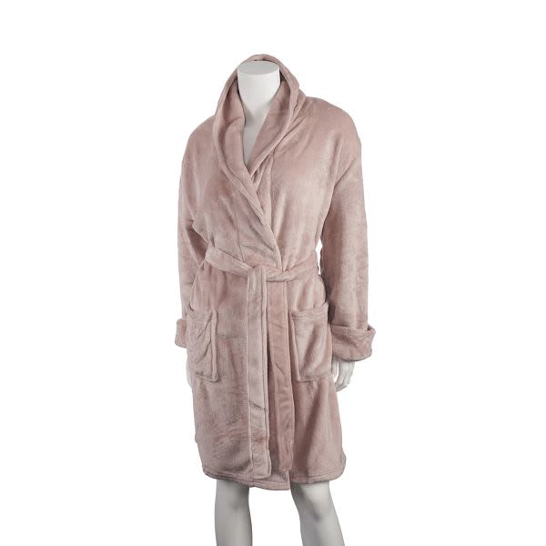 Pink plush hooded bathrobe on a mannequin