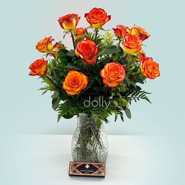 Bundle: 18 High End Magic Long-Stem Roses with Vosges Blood Orange Hibiscus Exotic Caramels