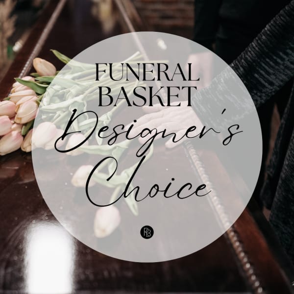 Pink tulips in a basket with funeral basket text overlay