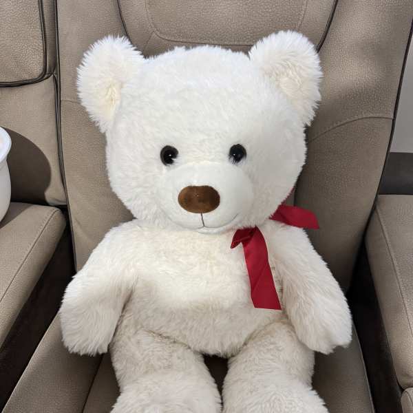 White teddy bear with a red ribbon sitting on a chair