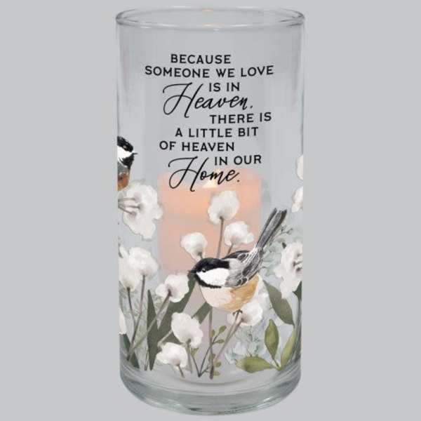Glass memorial candle holder with birds and white flowers