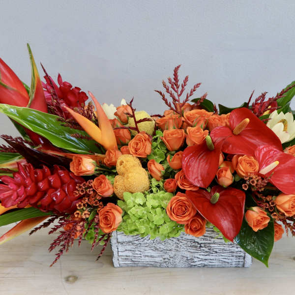 Low tropical centerpiece with orange roses, red anthuriums, and green hydrangeas in a white wooden box