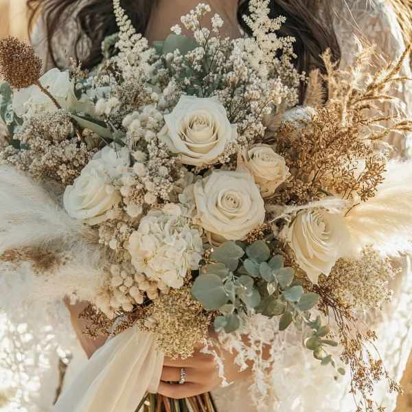 Bride holding a bouquet of white roses and baby's breath
