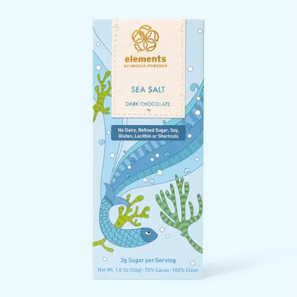 Box of sea salt dark chocolate with a blue ocean-themed design
