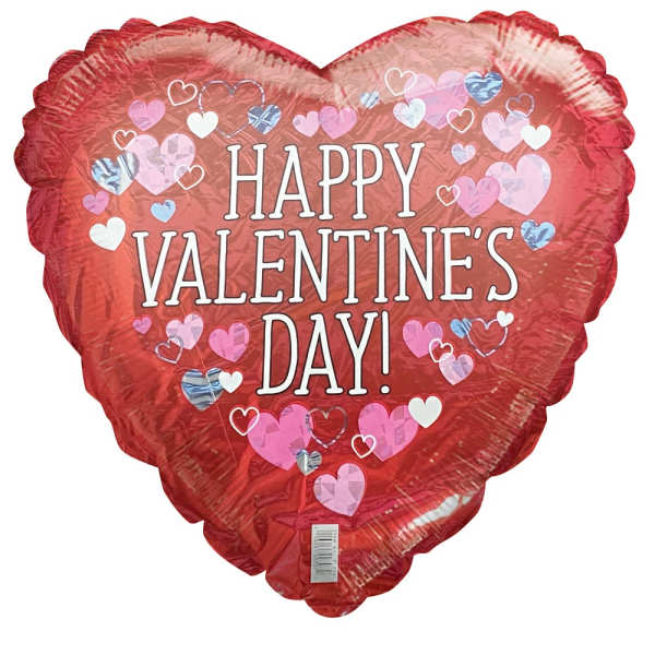 Heart-shaped red Valentine’s Day balloon with printed hearts and text