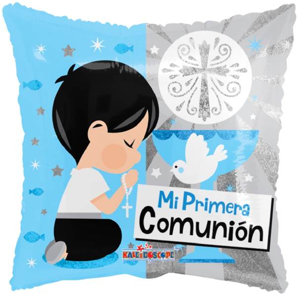 Decorative communion balloon with a praying child and Spanish text