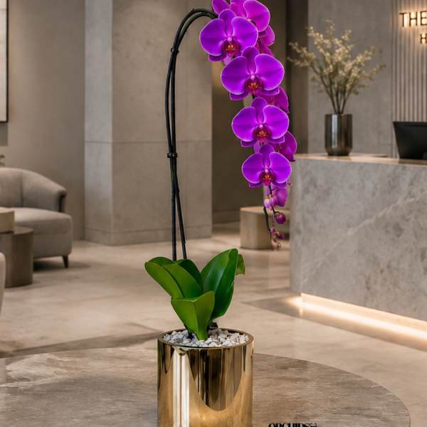 Purple orchid arrangement in a gold pot on a marble table