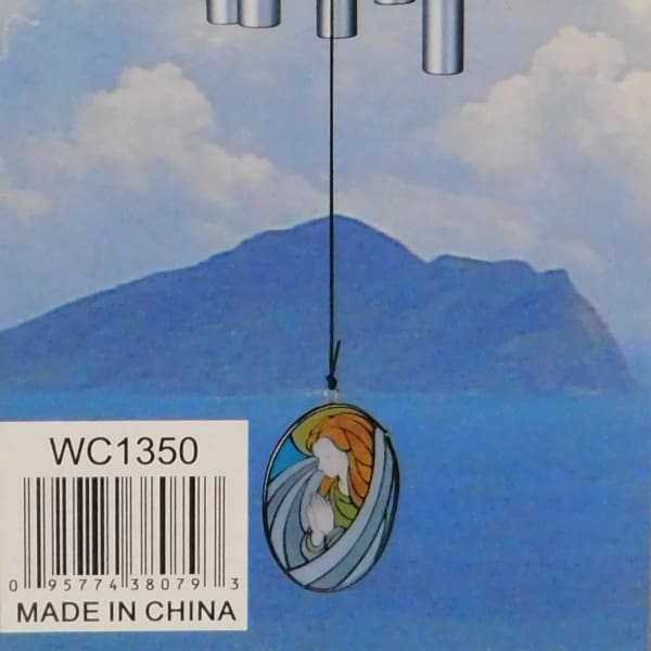 Hanging metal wind chime with silver tubes and a painted oval pendant