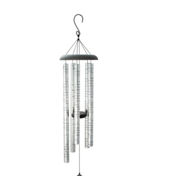 Silver metal wind chime with printed text and black sail featuring a white cross