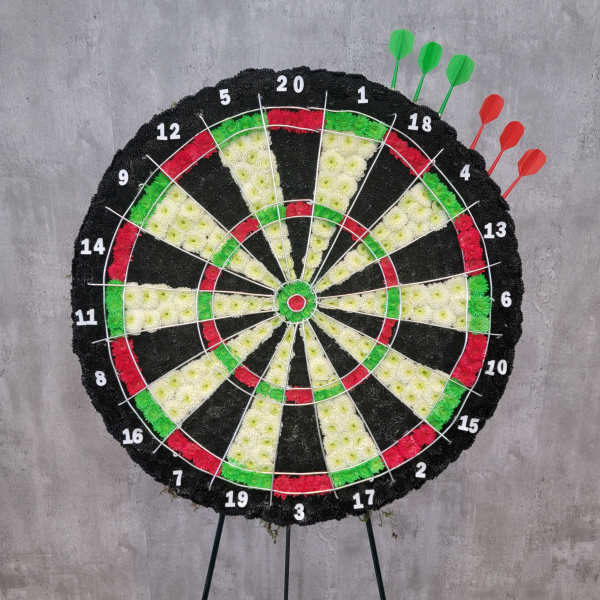 Large floral dartboard display with numbered sections and colored flower wedges