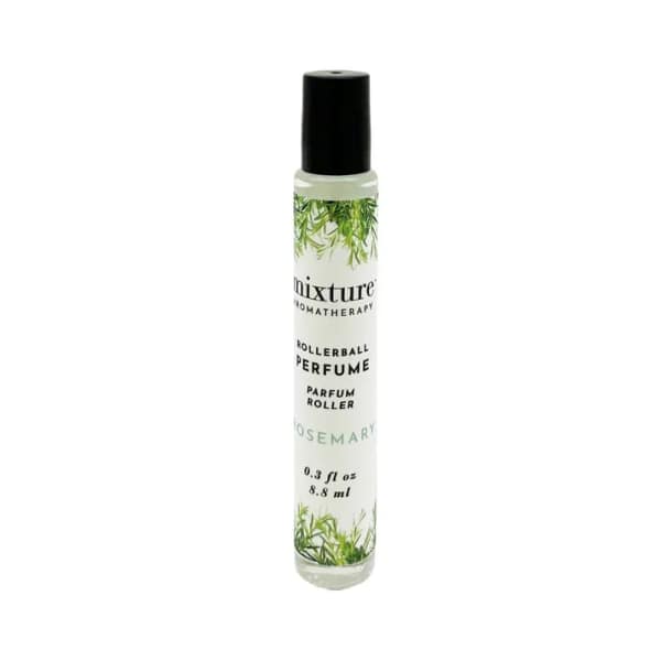 A small rosemary rollerball perfume bottle with a black cap