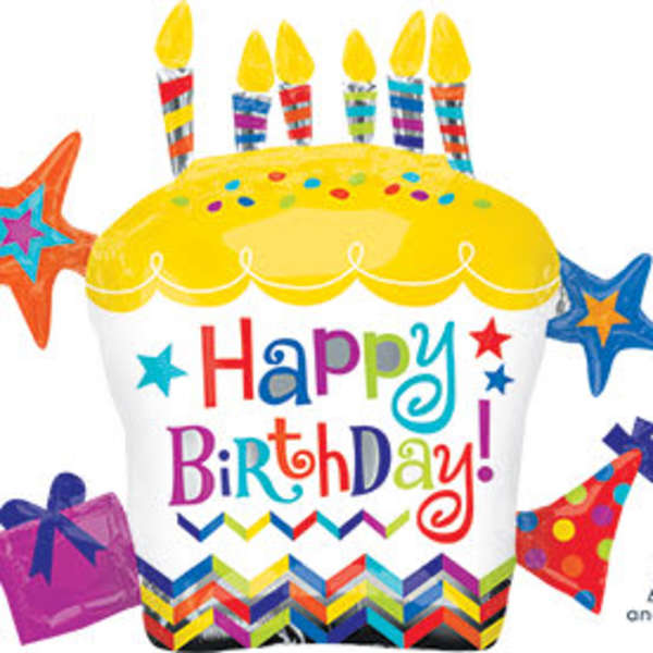 Birthday cake-shaped balloon with colorful candles and stars