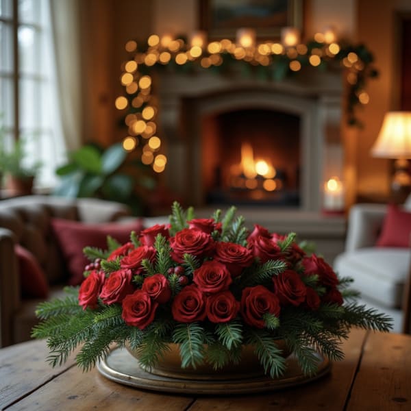 Red roses arranged in a low centerpiece with evergreen branches