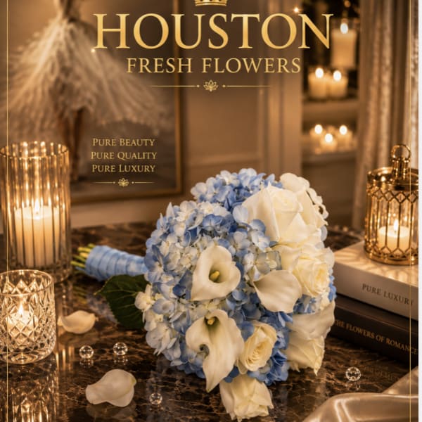 Blue hydrangea bouquet with white roses and calla lilies