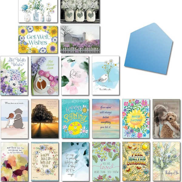 Assorted floral greeting cards and a blue envelope displayed in a grid.