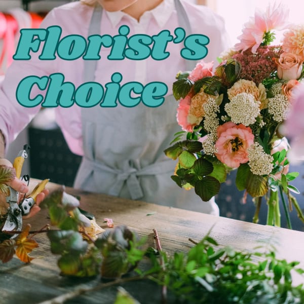 Florist arranging a pink and peach bouquet with large text overlay