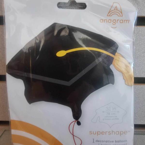Packaged black graduation cap-shaped balloon with gold tassel