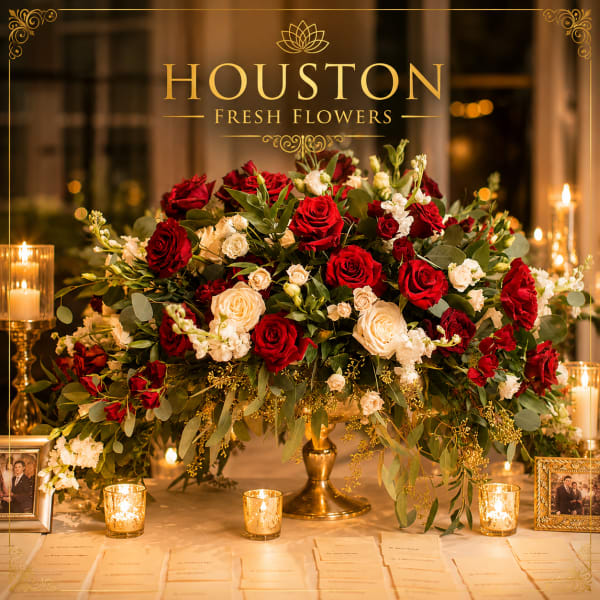 Large red and white rose centerpiece on a gold stand with candles