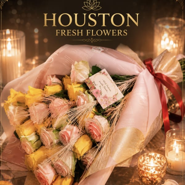 Bouquet of pink and yellow roses wrapped in pale pink paper with candles nearby