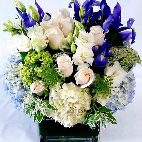 Bouquet of white roses, blue irises, and hydrangeas in a square vase