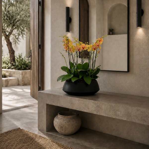 Potted orchid arrangement with yellow and peach blooms in a black bowl planter