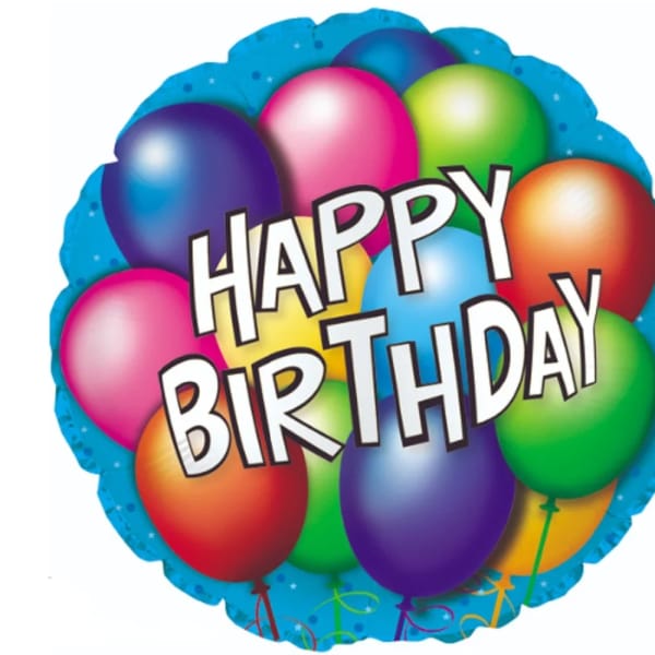 Round birthday balloon with colorful balloons and "Happy Birthday" text