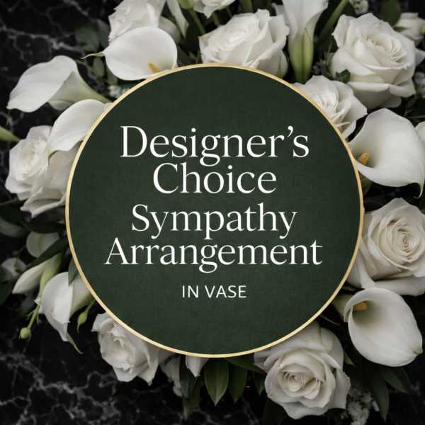 White roses and calla lilies arranged around a sympathy sign