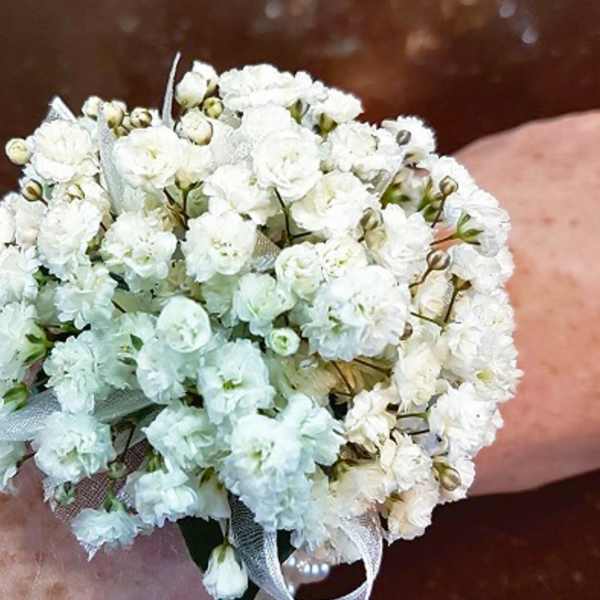 Small white floral wrist corsage with ribbon on a wrist
