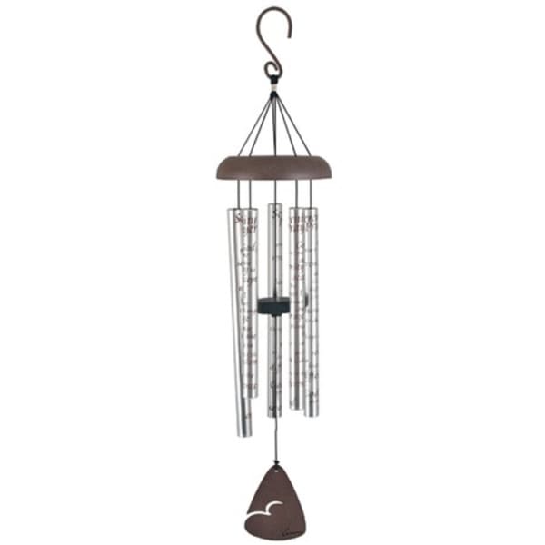 Hanging metal wind chime with silver tubes and a brown top and clapper