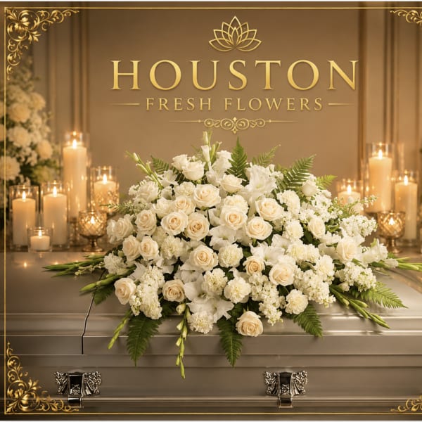 Half Casket with white carnations, roses and greens