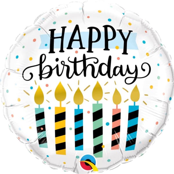Round birthday balloon with candles and confetti dots