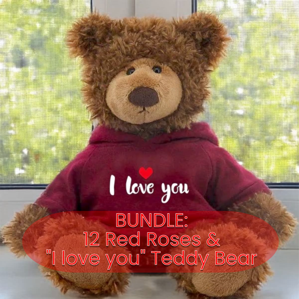Bundle | Classic Dozen Long-stem Red Roses w/ I Love You Plushie