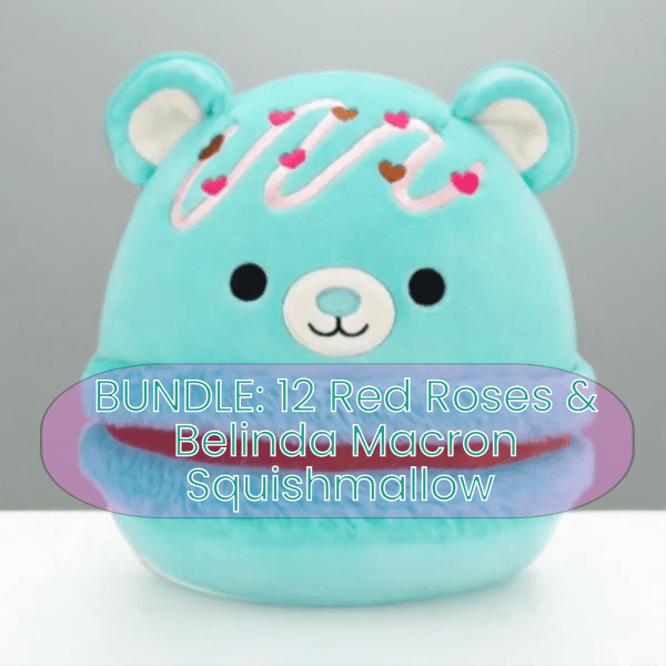 Blue bear squishmallow with heart decorations and text overlay