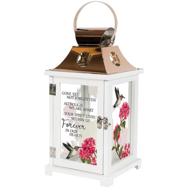 White memorial lantern with pink floral and hummingbird design