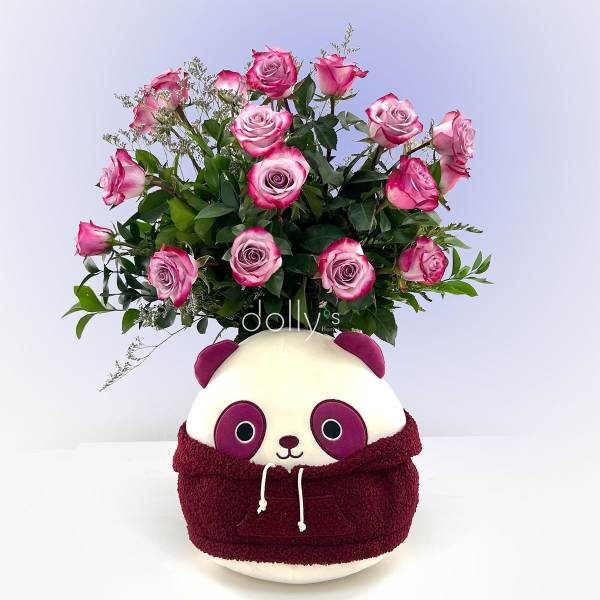 Bundle: 18 Magenta Long-Stem Roses & 12" Ponder The Panda Squishmallow