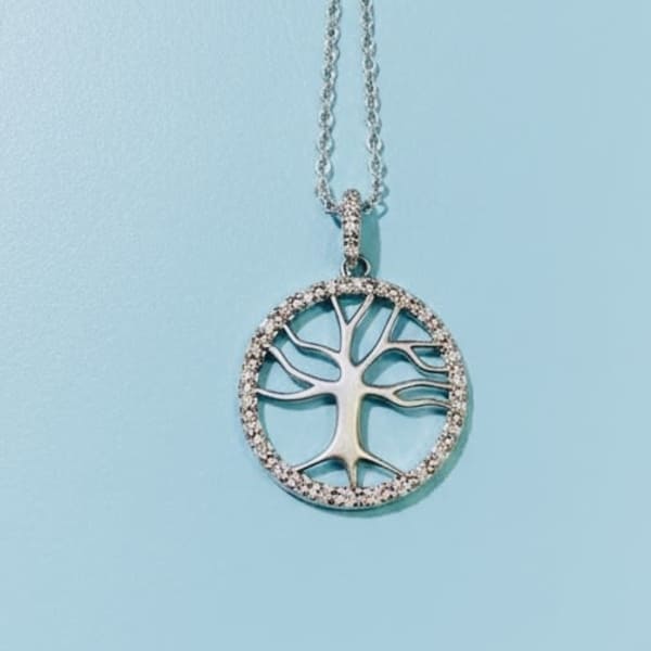 Tree of Life sterling silver necklace framed with rhinestone crystals on 42 inch chain