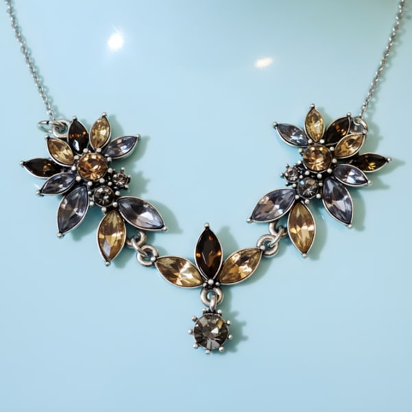 Antique Glass flowers necklace (24 inches sterling silver chain)