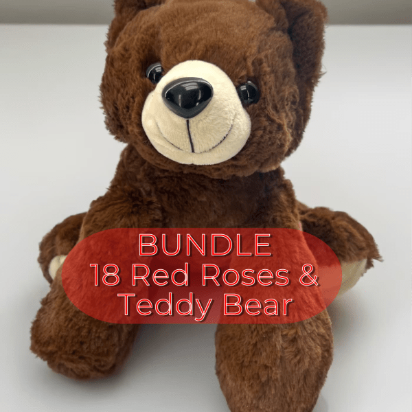 Bundle | Classic 18 Long-Stem Red Roses W/ Brown Plushie Bear