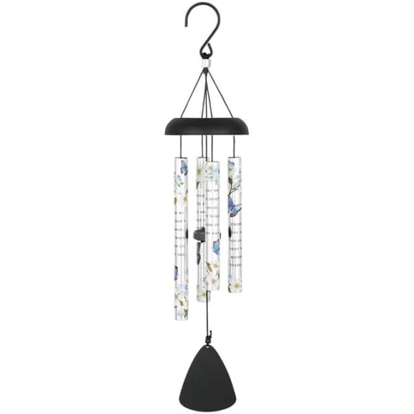 Hanging wind chime with floral-patterned tubes and a black clapper