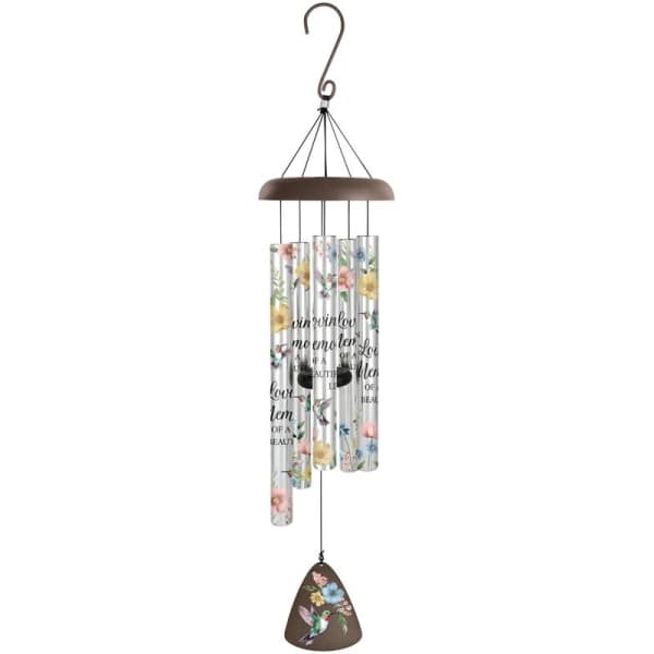 Floral-patterned wind chime with hanging metal tubes and a hummingbird ornament