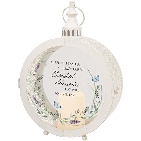 White memorial lantern with butterfly and floral wreath design