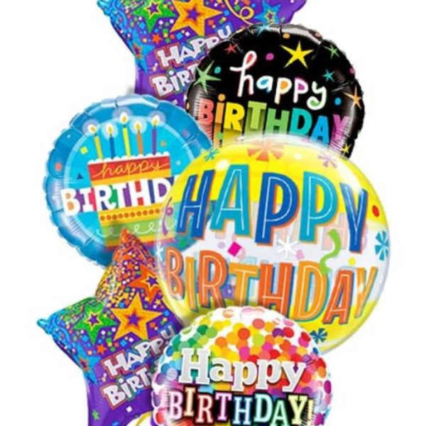 Cluster of colorful birthday balloons with star and round shapes