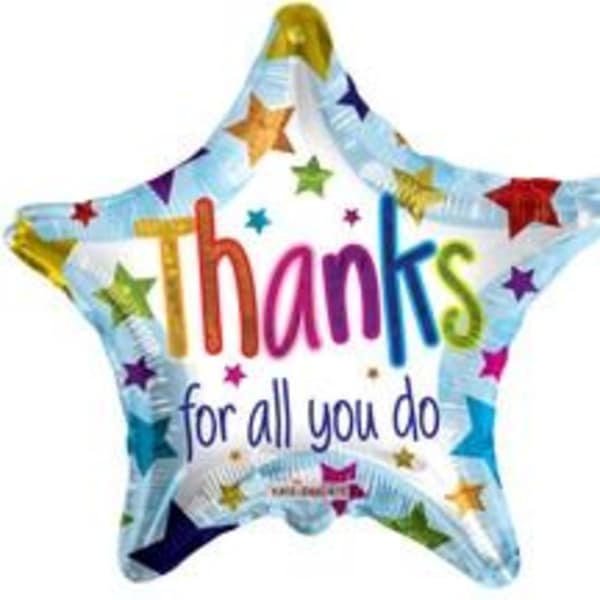 Star-shaped balloon with "Thanks for all you do" text