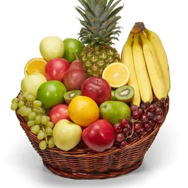 Fruit basket with pineapple, bananas, apples, grapes, kiwi, and citrus